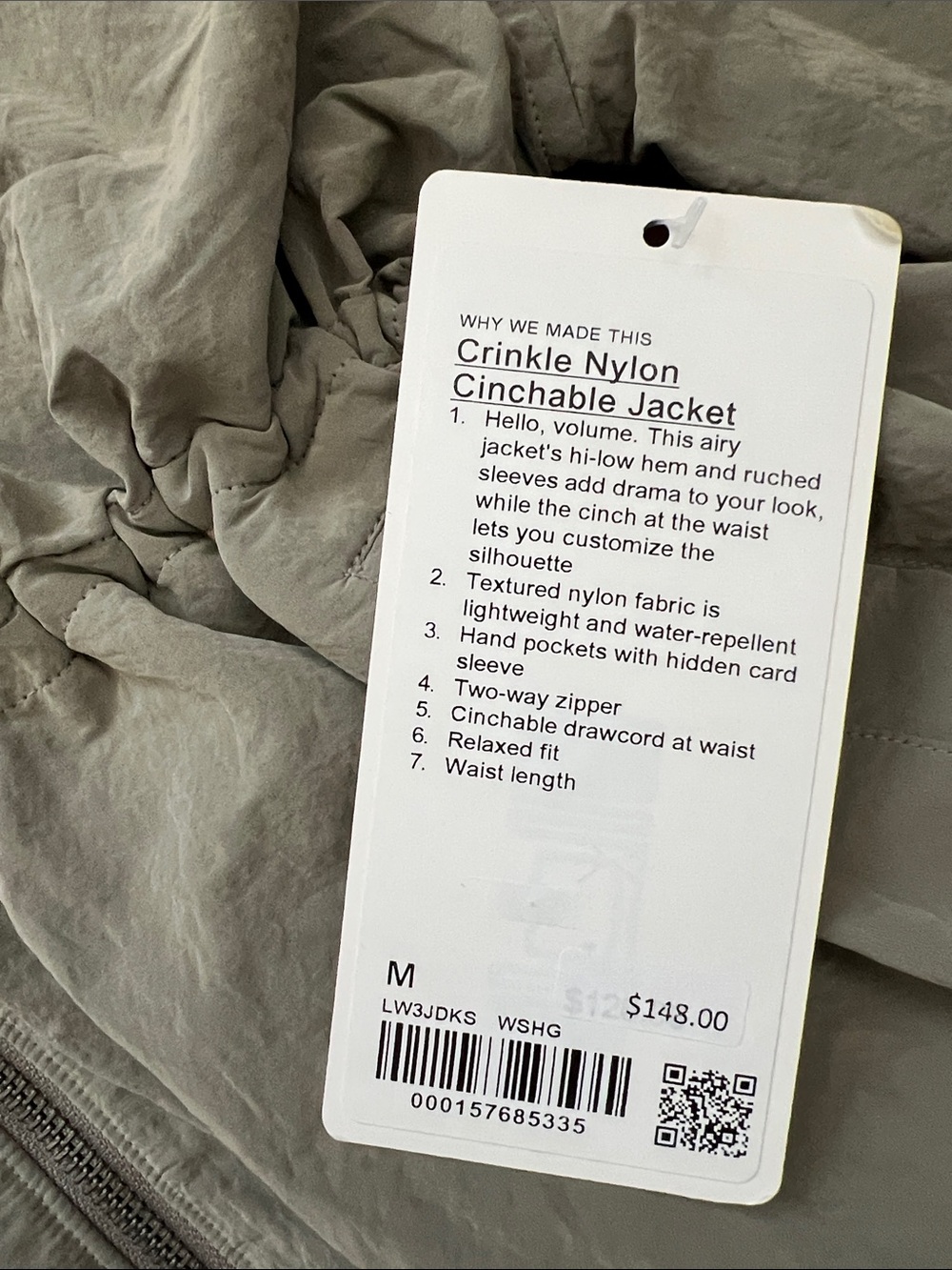 Lululemon Warm Ash Grey Crinkle Cinchable Waist Jacket Size Medium NWT - Picture 2 of 5